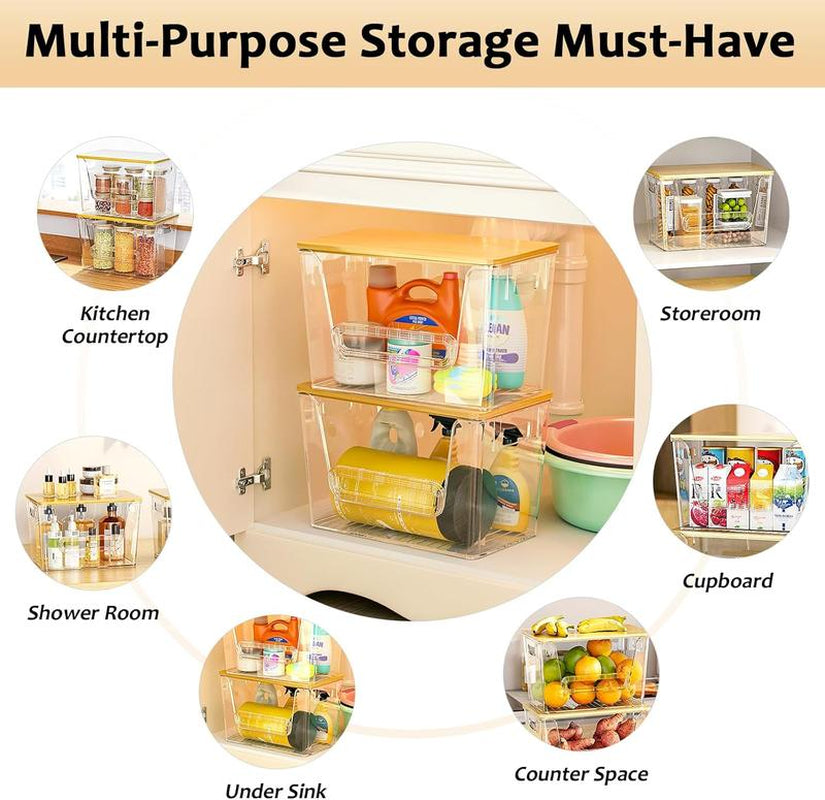 LAMU 2-PC Bamboo-Lid Storage Boxes, Stackable. Ideal for Storage in Kitchen, Bathroom and Bedroom. Easily Store Fruits, Vegetables, Toiletries, Etc.