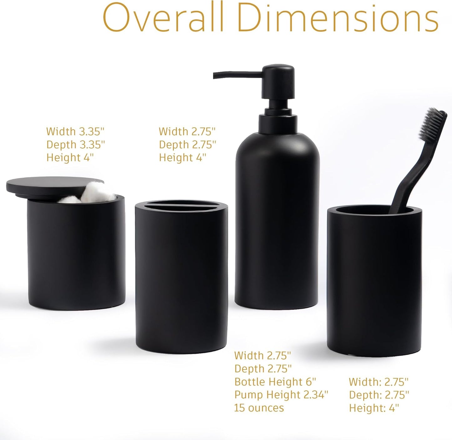 Matte Black Bathroom Accessories Set 4 Piece, Modern Resin Soap Dispenser, Toothbrush Holder, Tumbler, Cotton Swab Holder with Lid. Perfect for Vanity Countertops, Hotels, Airbnb, Commercial