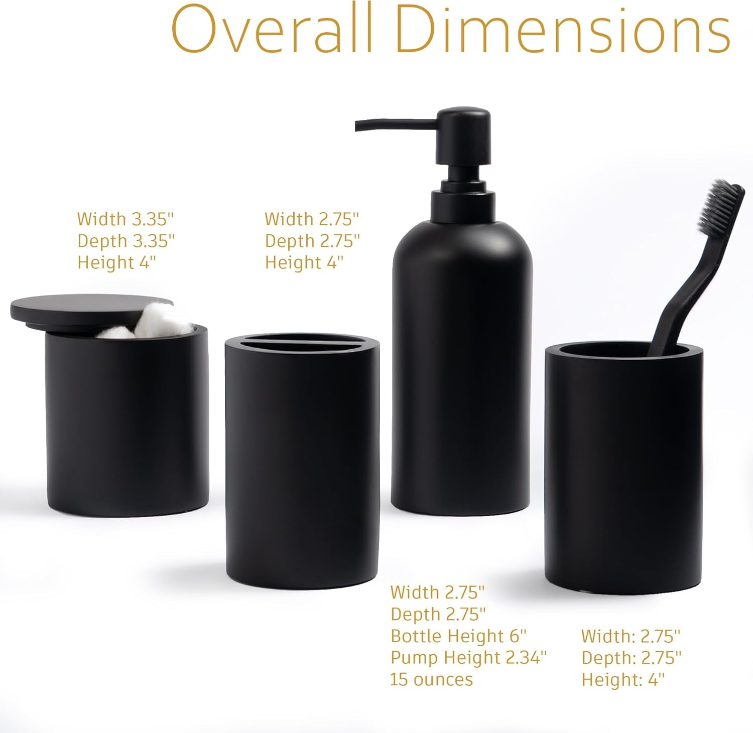 Matte Black Bathroom Accessories Set 4 Piece, Modern Resin Soap Dispenser, Toothbrush Holder, Tumbler, Cotton Swab Holder with Lid. Perfect for Vanity Countertops, Hotels, Airbnb, Commercial