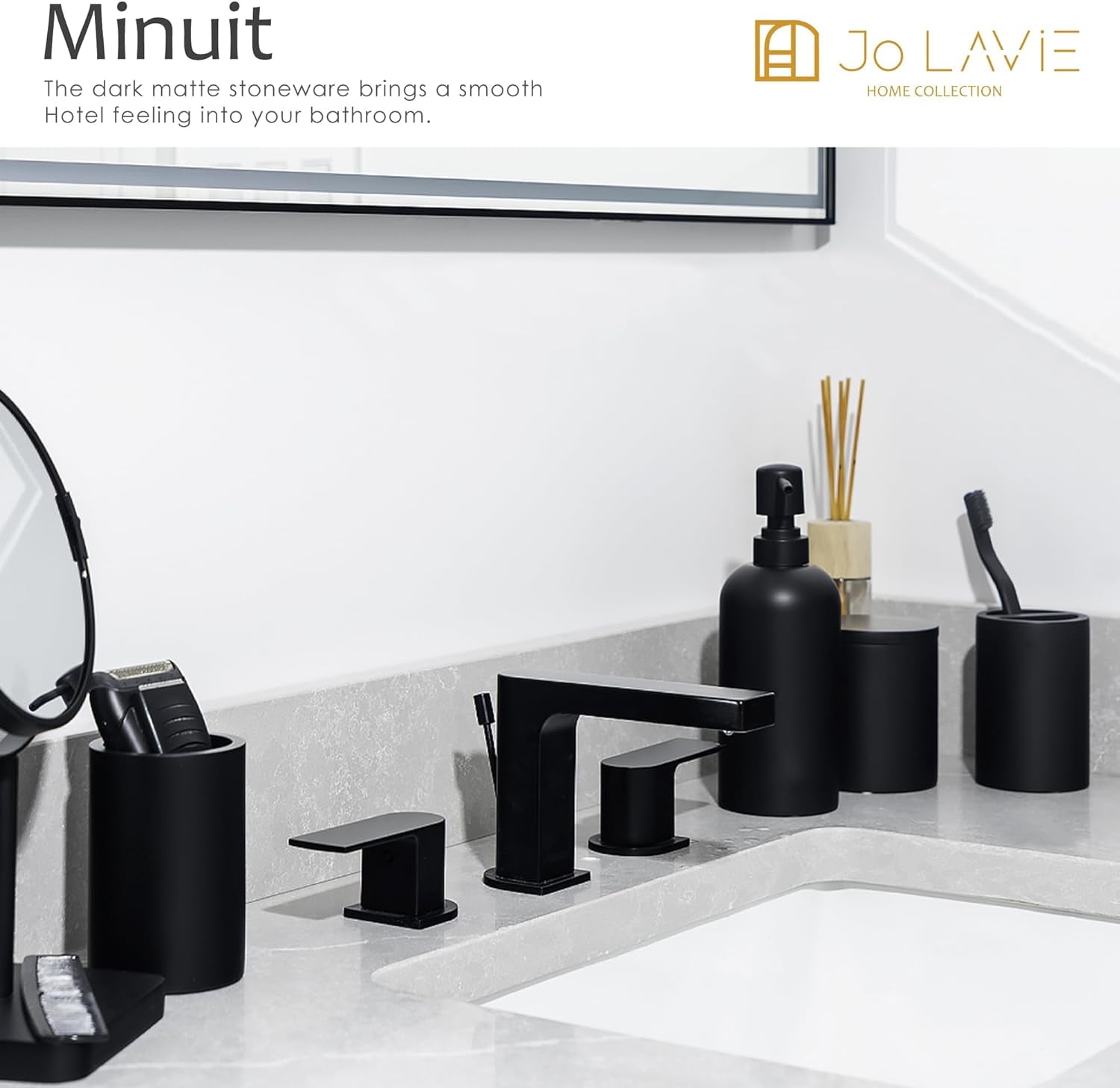 Matte Black Bathroom Accessories Set 4 Piece, Modern Resin Soap Dispenser, Toothbrush Holder, Tumbler, Cotton Swab Holder with Lid. Perfect for Vanity Countertops, Hotels, Airbnb, Commercial