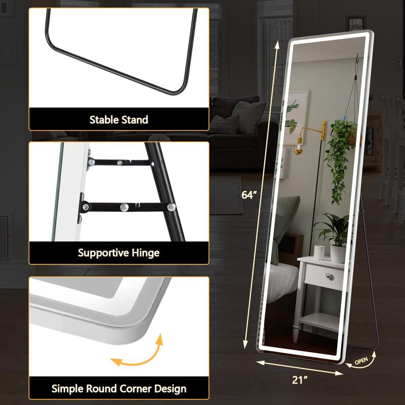 Full Length Mirror with LED Lights, 64"X21" Lighted Floor Standing Mirror with Stand, Rectangle