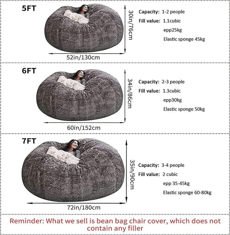 EKWQ Bean Bag,Bean Bag Chair,Giant Fur Bean Bag Chair Cover Ultra Soft Bean Bag Bed for Adults Big round Soft Fluffy Faux Fur Bean Bag Lazy Sofa Bed Cover, (No Filler, Cover Only)