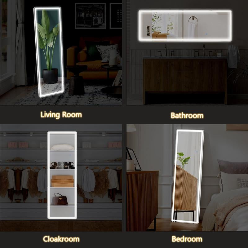 Full Length Mirror with LED Lights, 64"X21" Lighted Floor Standing Mirror with Stand, Rectangle