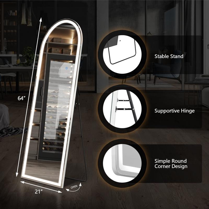 Full Length Mirror with LED Lights, 64"X21" Lighted Floor Standing Mirror with Stand, Rectangle