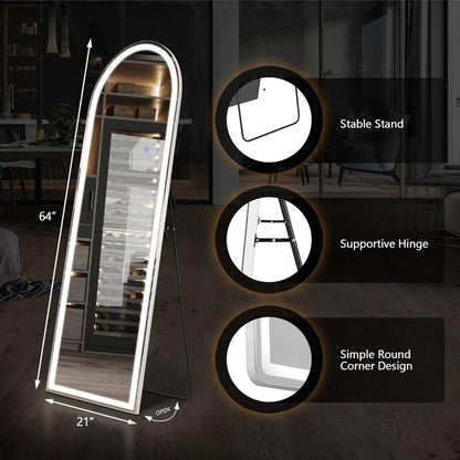 Full Length Mirror with LED Lights, 64"X21" Lighted Floor Standing Mirror with Stand, Rectangle