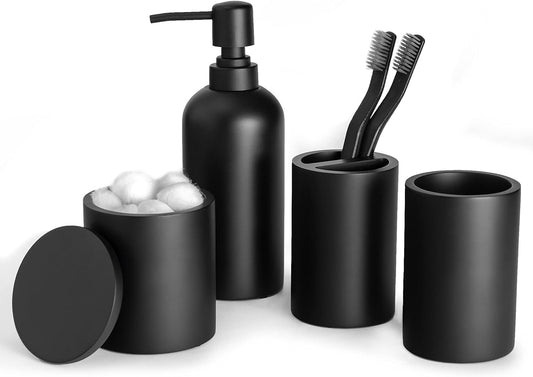 Matte Black Bathroom Accessories Set 4 Piece, Modern Resin Soap Dispenser, Toothbrush Holder, Tumbler, Cotton Swab Holder with Lid. Perfect for Vanity Countertops, Hotels, Airbnb, Commercial