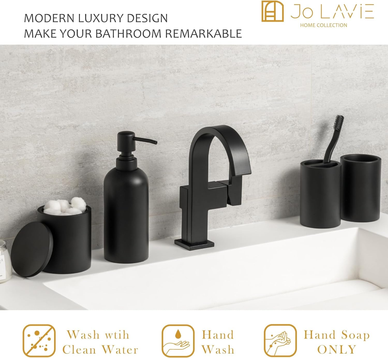 Matte Black Bathroom Accessories Set 4 Piece, Modern Resin Soap Dispenser, Toothbrush Holder, Tumbler, Cotton Swab Holder with Lid. Perfect for Vanity Countertops, Hotels, Airbnb, Commercial