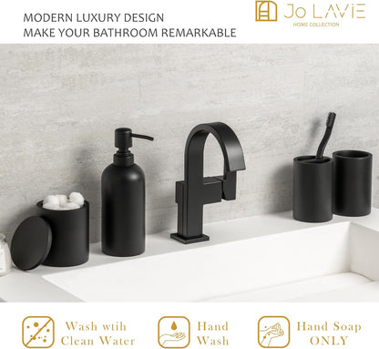 Matte Black Bathroom Accessories Set 4 Piece, Modern Resin Soap Dispenser, Toothbrush Holder, Tumbler, Cotton Swab Holder with Lid. Perfect for Vanity Countertops, Hotels, Airbnb, Commercial