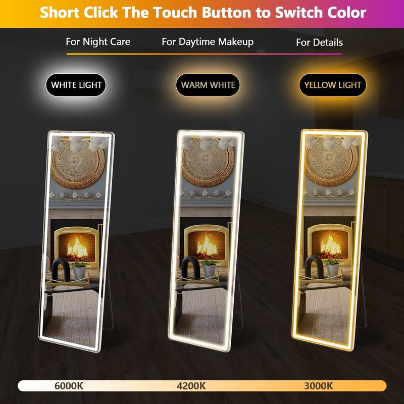 Full Length Mirror with LED Lights, 64"X21" Lighted Floor Standing Mirror with Stand, Rectangle