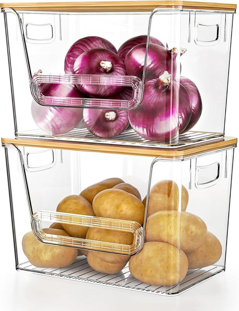 LAMU 2-PC Bamboo-Lid Storage Boxes, Stackable. Ideal for Storage in Kitchen, Bathroom and Bedroom. Easily Store Fruits, Vegetables, Toiletries, Etc.