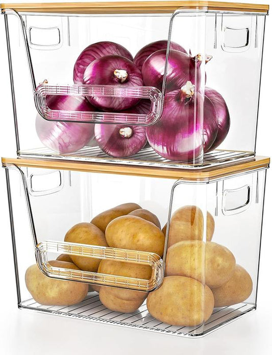 LAMU 2-PC Bamboo-Lid Storage Boxes, Stackable. Ideal for Storage in Kitchen, Bathroom and Bedroom. Easily Store Fruits, Vegetables, Toiletries, Etc.
