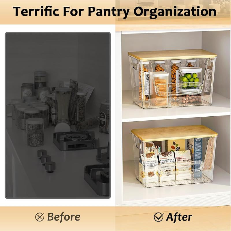 LAMU 2-PC Bamboo-Lid Storage Boxes, Stackable. Ideal for Storage in Kitchen, Bathroom and Bedroom. Easily Store Fruits, Vegetables, Toiletries, Etc.