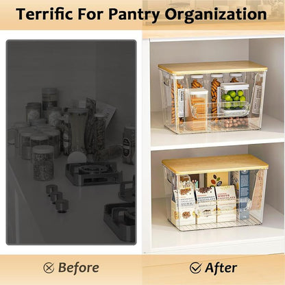 LAMU 2-PC Bamboo-Lid Storage Boxes, Stackable. Ideal for Storage in Kitchen, Bathroom and Bedroom. Easily Store Fruits, Vegetables, Toiletries, Etc.