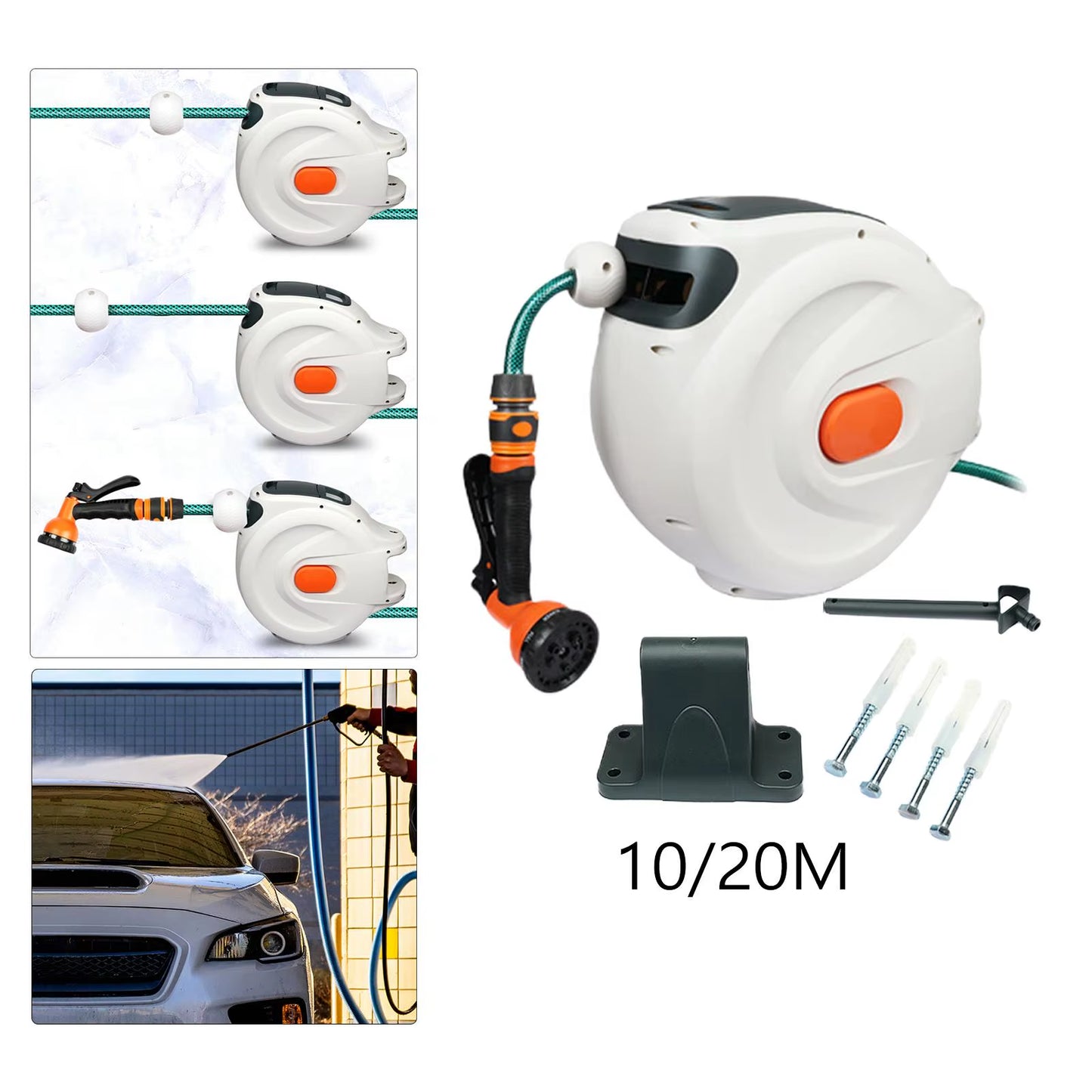 10/20M Automatic Rewind Hose Reel with 7 Pattern Hose Nozzle Water Hose Reel Slow Return System for Car Garden