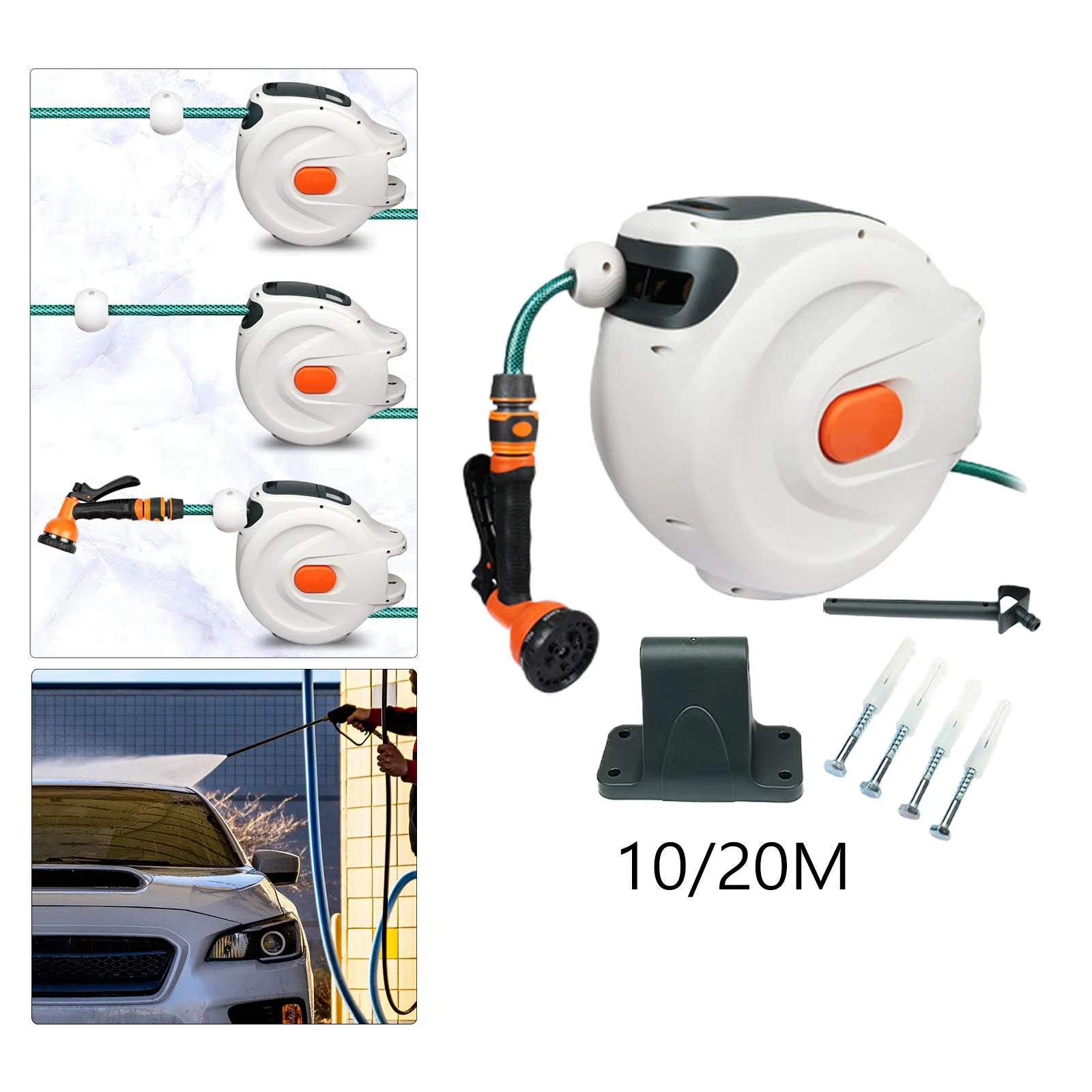 10/20M Automatic Rewind Hose Reel with 7 Pattern Hose Nozzle Water Hose Reel Slow Return System for Car Garden