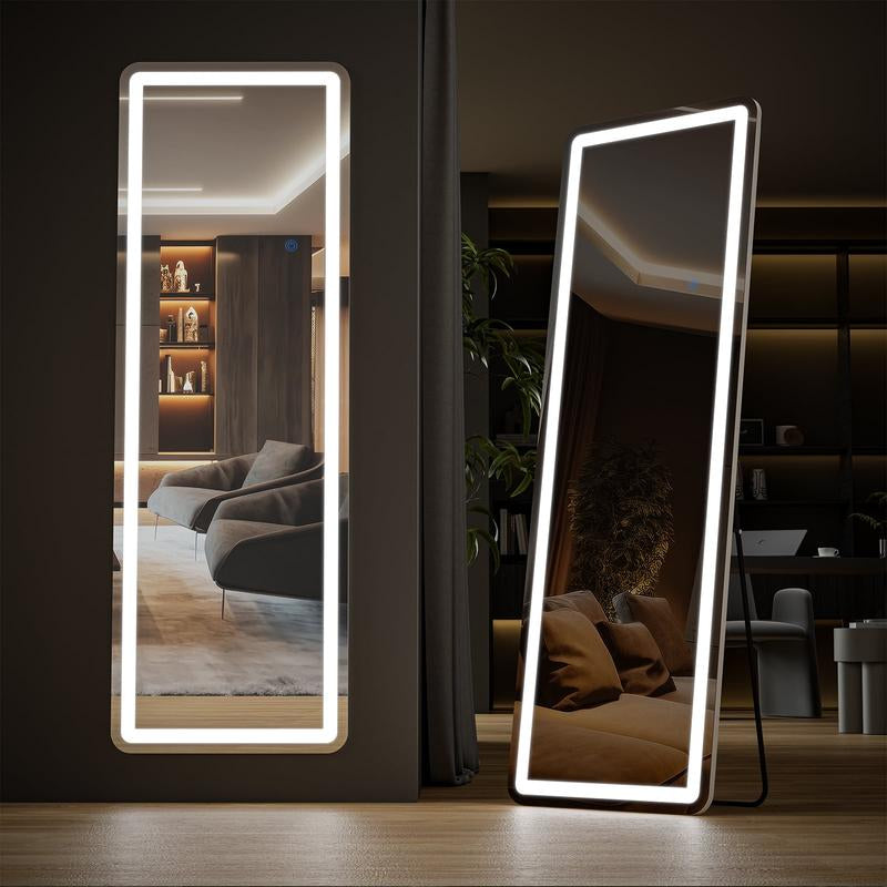 Full Length Mirror with LED Lights, 64"X21" Lighted Floor Standing Mirror with Stand, Rectangle