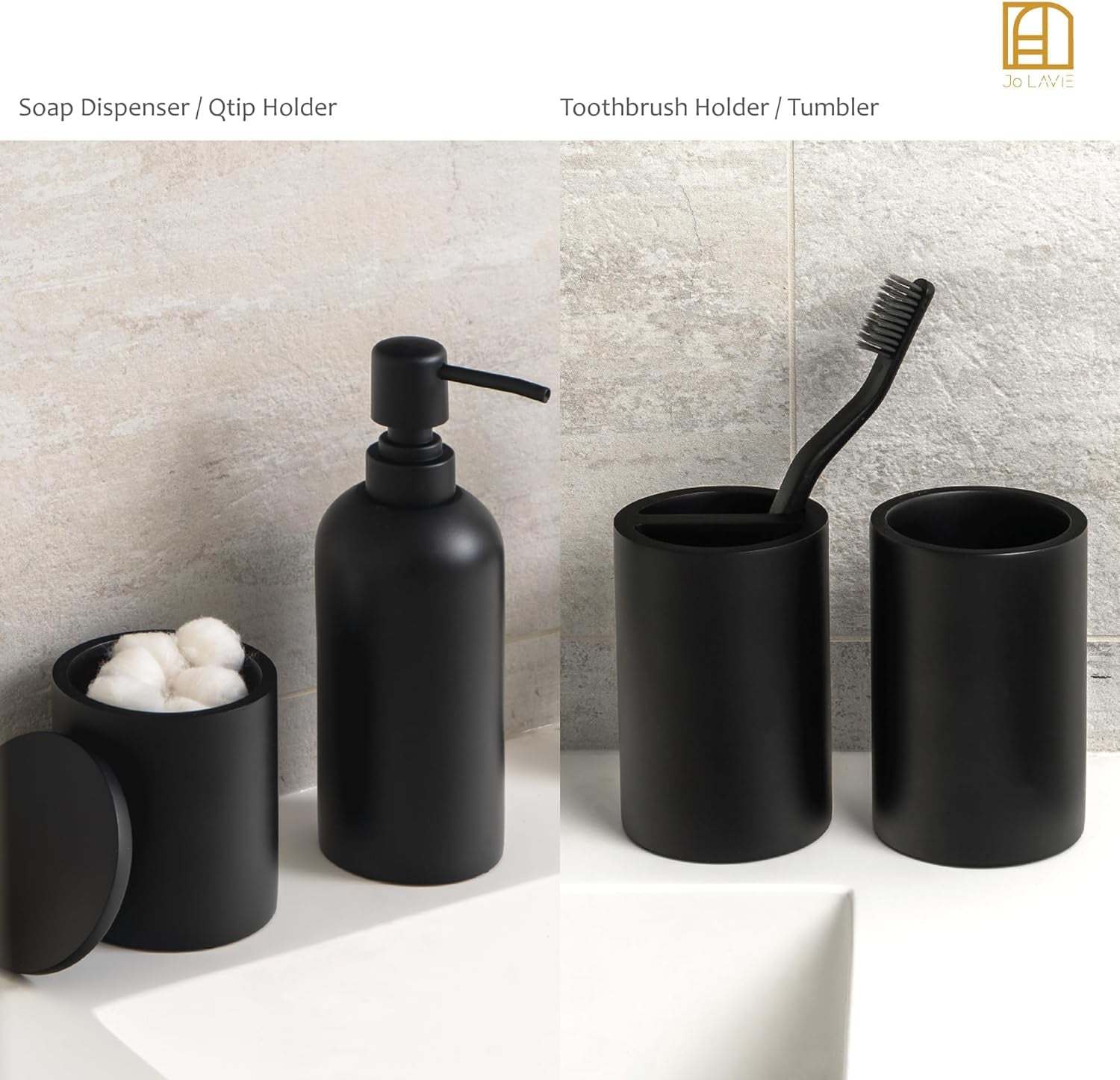 Matte Black Bathroom Accessories Set 4 Piece, Modern Resin Soap Dispenser, Toothbrush Holder, Tumbler, Cotton Swab Holder with Lid. Perfect for Vanity Countertops, Hotels, Airbnb, Commercial
