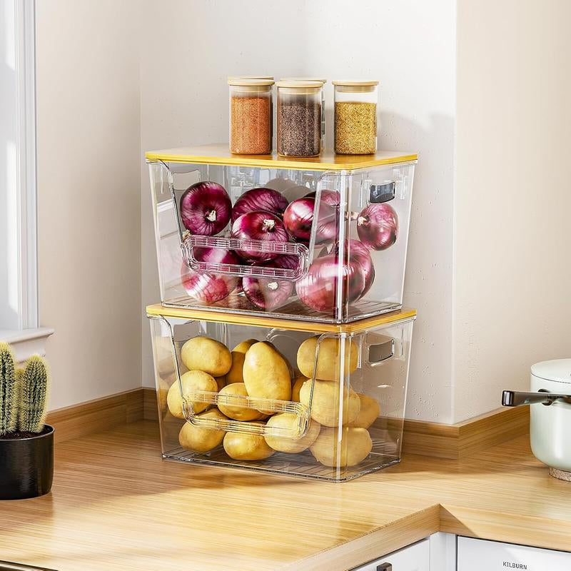 LAMU 2-PC Bamboo-Lid Storage Boxes, Stackable. Ideal for Storage in Kitchen, Bathroom and Bedroom. Easily Store Fruits, Vegetables, Toiletries, Etc.