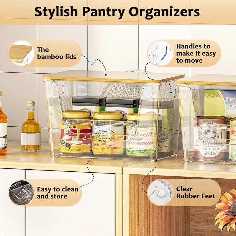 LAMU 2-PC Bamboo-Lid Storage Boxes, Stackable. Ideal for Storage in Kitchen, Bathroom and Bedroom. Easily Store Fruits, Vegetables, Toiletries, Etc.