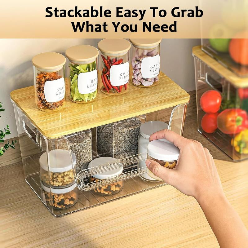 LAMU 2-PC Bamboo-Lid Storage Boxes, Stackable. Ideal for Storage in Kitchen, Bathroom and Bedroom. Easily Store Fruits, Vegetables, Toiletries, Etc.