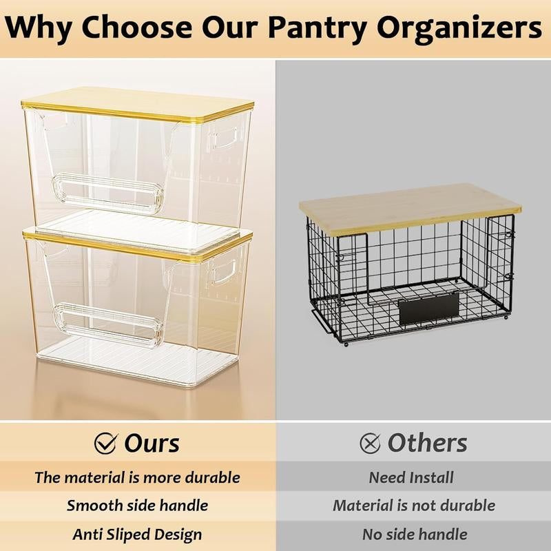 LAMU 2-PC Bamboo-Lid Storage Boxes, Stackable. Ideal for Storage in Kitchen, Bathroom and Bedroom. Easily Store Fruits, Vegetables, Toiletries, Etc.