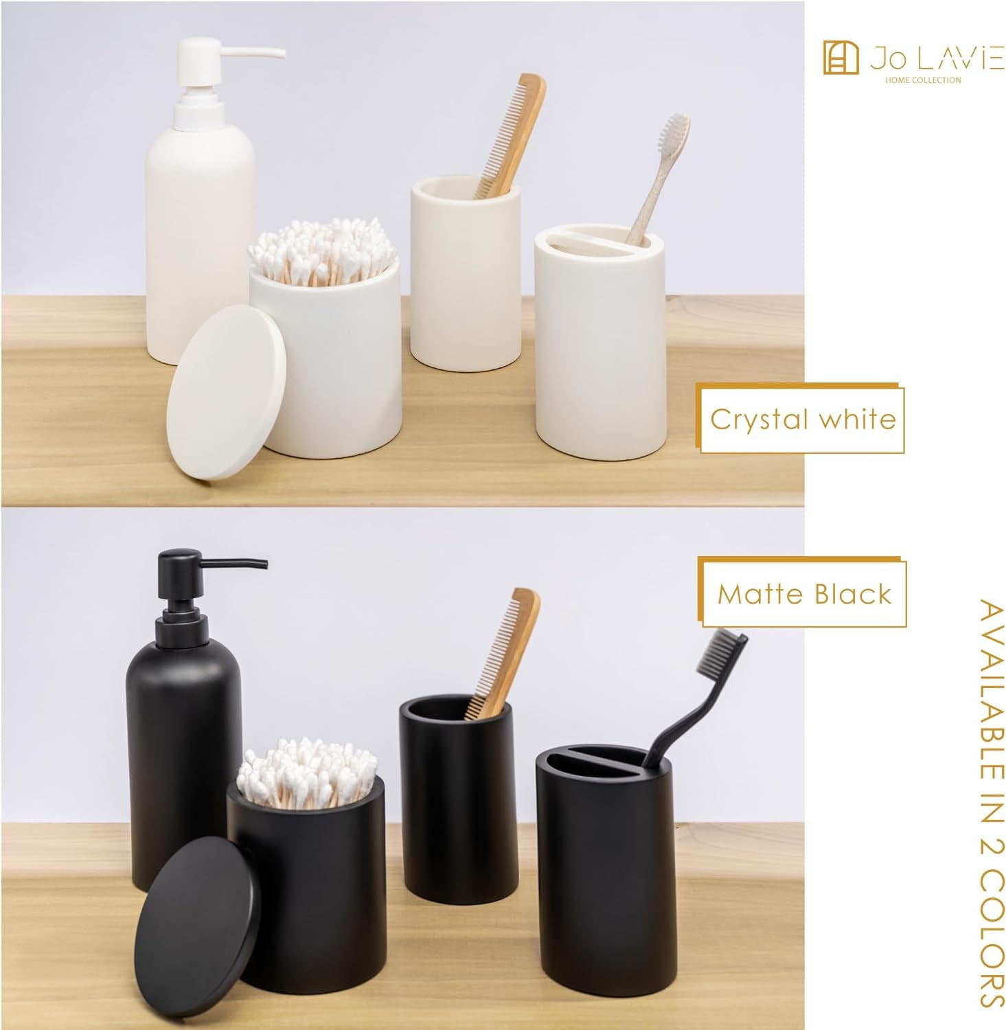 Matte Black Bathroom Accessories Set 4 Piece, Modern Resin Soap Dispenser, Toothbrush Holder, Tumbler, Cotton Swab Holder with Lid. Perfect for Vanity Countertops, Hotels, Airbnb, Commercial