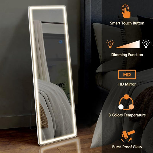 Full Length Mirror with LED Lights, 64"X21" Lighted Floor Standing Mirror with Stand, Rectangle